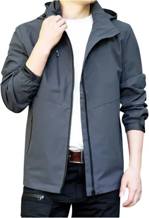 Men's Lightweight Hooded Jackets Vintage Soild Windbreaker Packable Raincoat for Hiking Outdoor Sportswear Comfy Coat
