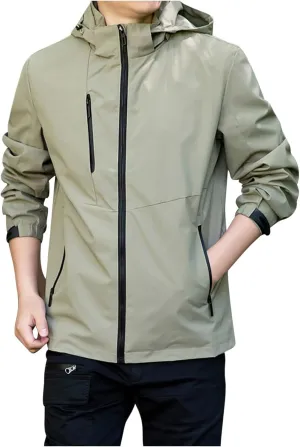 Men's Lightweight Hooded Jackets Vintage Soild Windbreaker Packable Raincoat for Hiking Outdoor Sportswear Comfy Coat