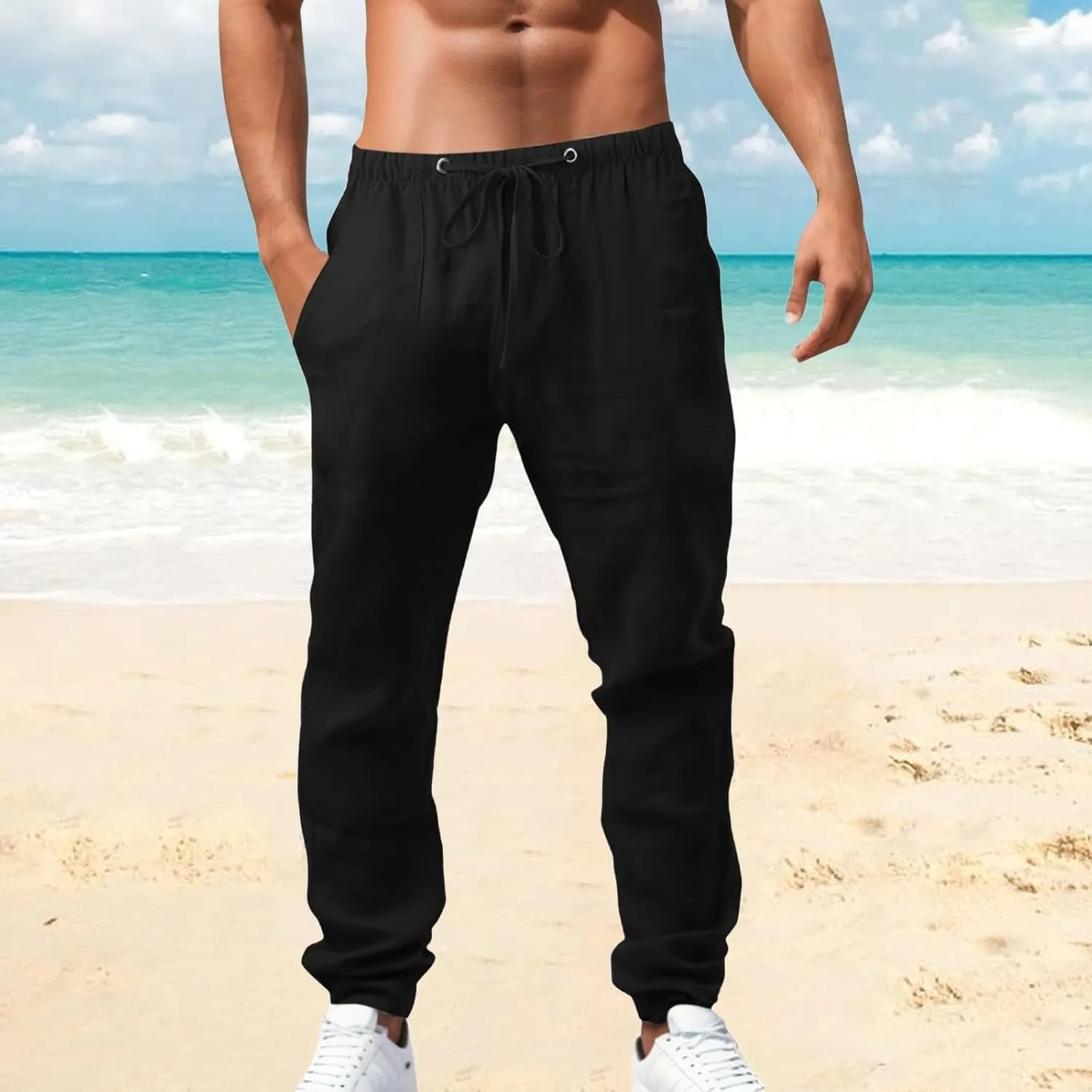Men's Linen Solid Color Casual Pocket Pants Casual Track Pants