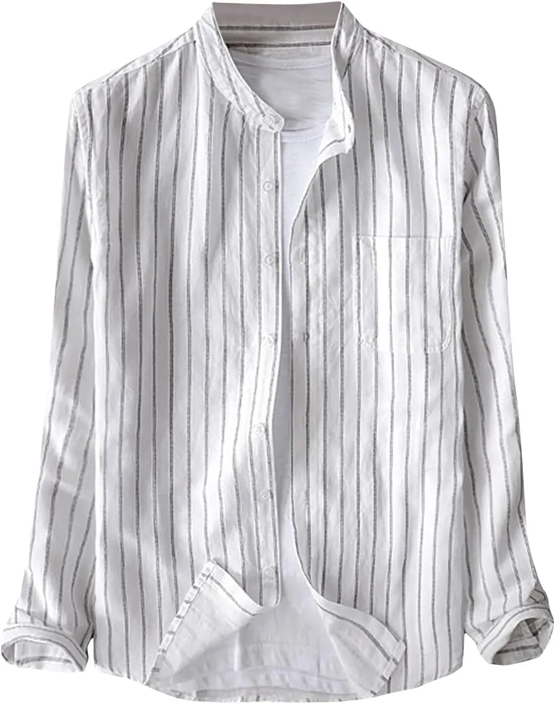 Men's Long Sleeve Dress Shirt Button Down Striped Shirts Relaxed Fit Casual Tee Shirt Stand Collar Linen Beach Tops