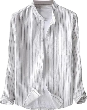 Men's Long Sleeve Dress Shirt Button Down Striped Shirts Relaxed Fit Casual Tee Shirt Stand Collar Linen Beach Tops
