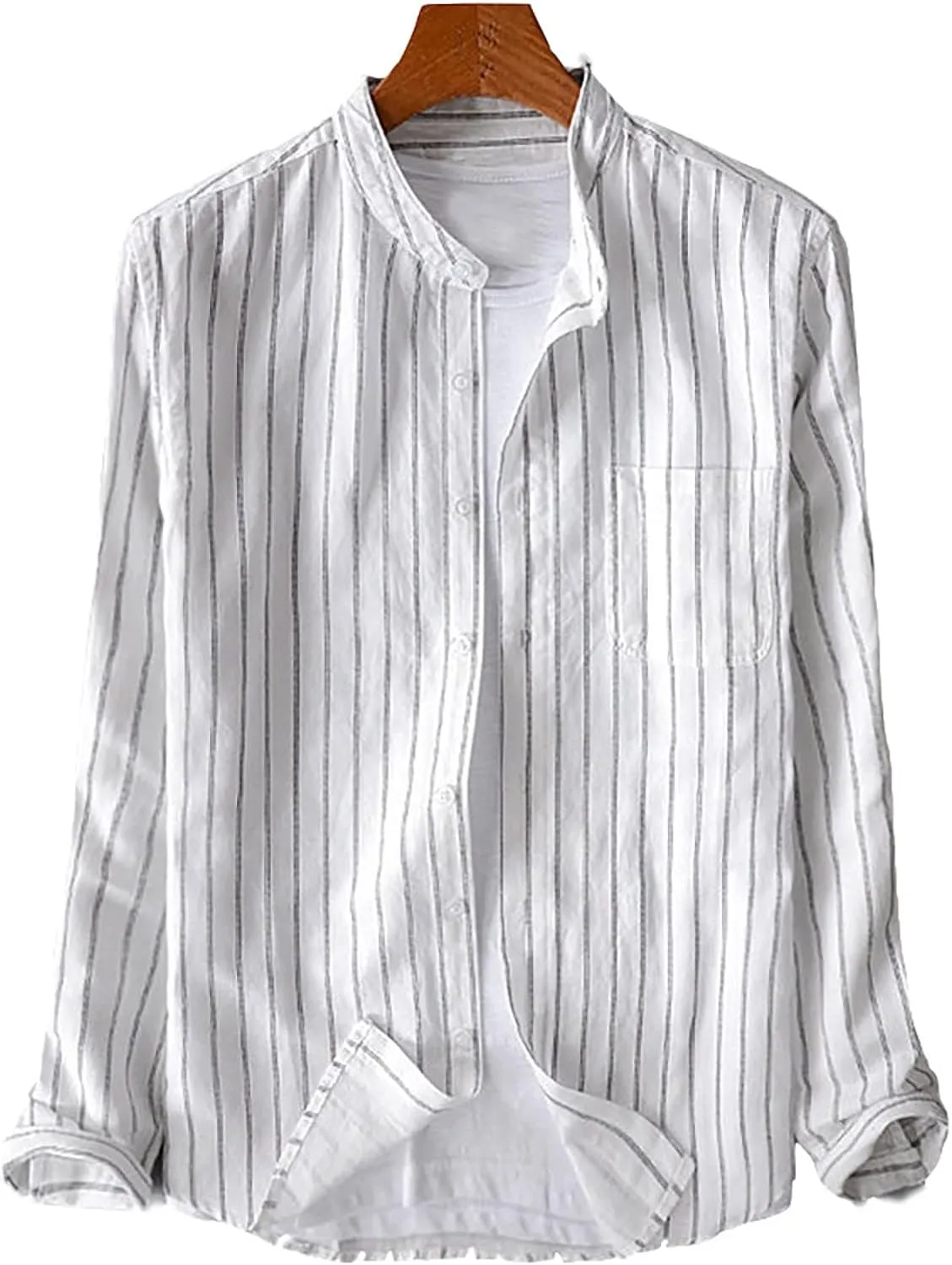 Men's Long Sleeve Dress Shirt Button Down Striped Shirts Relaxed Fit Casual Tee Shirt Stand Collar Linen Beach Tops