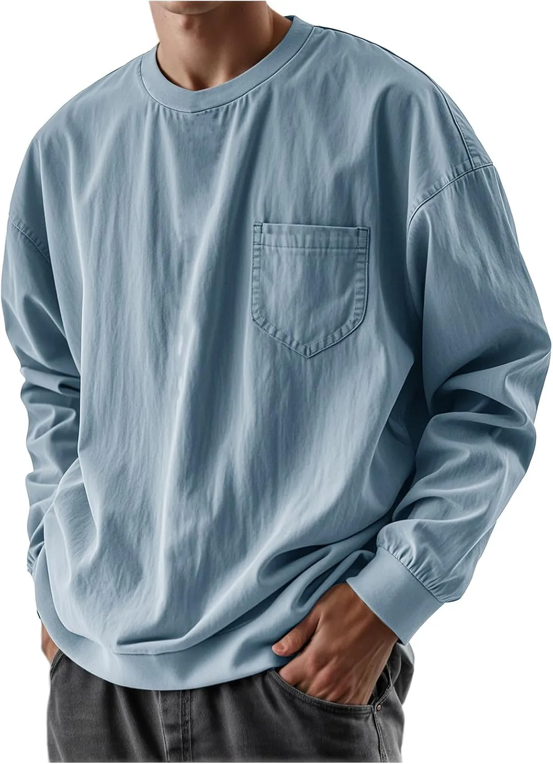 Mens Long Sleeve Oversized Tshirts 2025 Crewneck Classic Round Neck T-Shirt Casual Distressed Washed Tops with Pocket