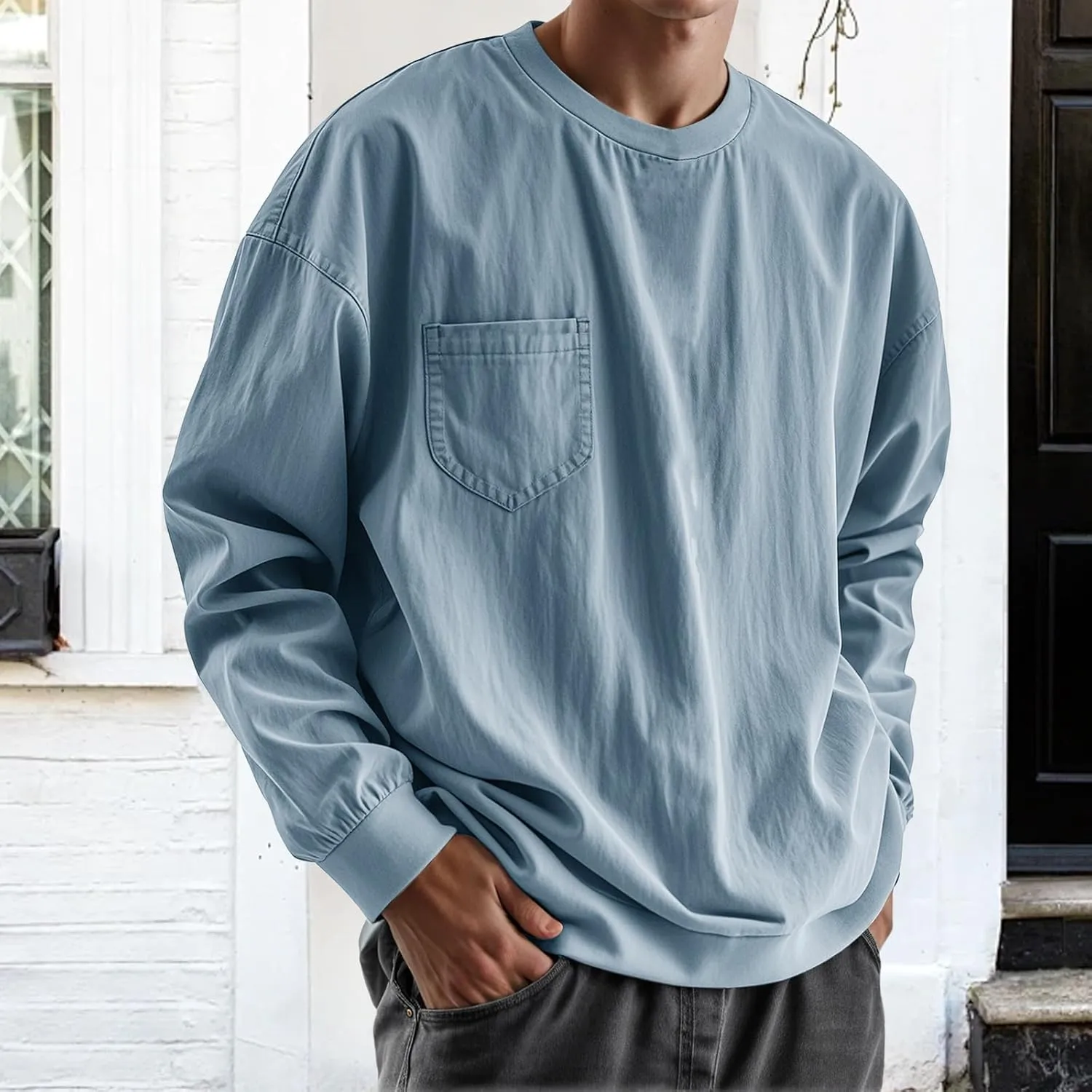 Mens Long Sleeve Oversized Tshirts 2025 Crewneck Classic Round Neck T-Shirt Casual Distressed Washed Tops with Pocket
