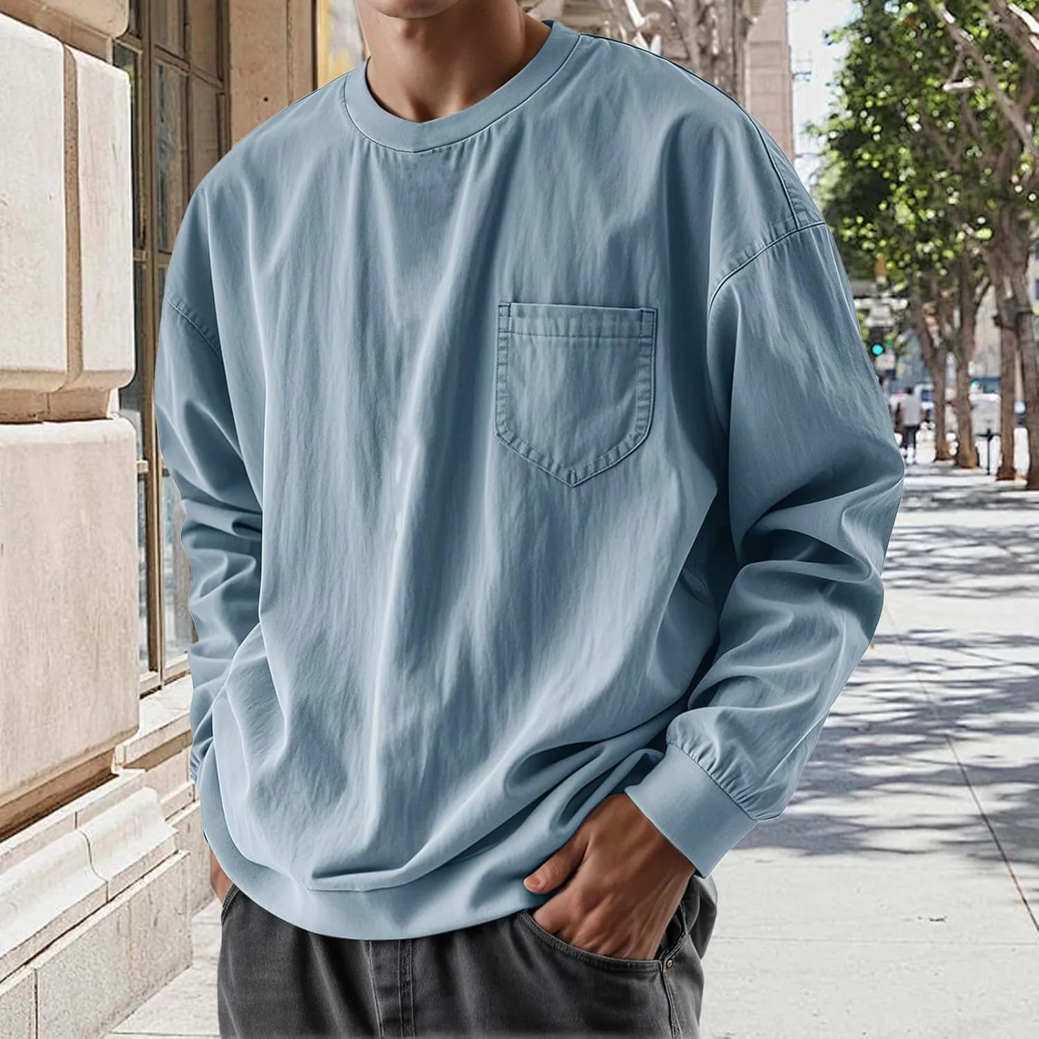 Mens Long Sleeve Oversized Tshirts 2025 Crewneck Classic Round Neck T-Shirt Casual Distressed Washed Tops with Pocket
