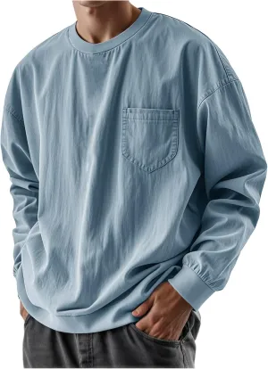Mens Long Sleeve Oversized Tshirts 2025 Crewneck Classic Round Neck T-Shirt Casual Distressed Washed Tops with Pocket