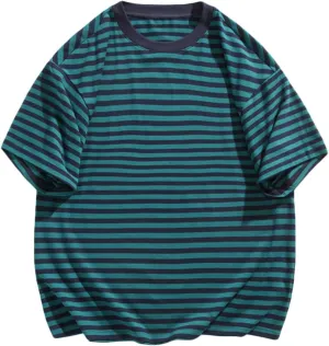 Men's Oversized Tops Classic Stripes Print Drop Shoulder Short Sleeve Tee Top Loose Casual Crewneck Pullover T Shirts