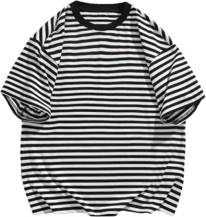 Men's Oversized Tops Classic Stripes Print Drop Shoulder Short Sleeve Tee Top Loose Casual Crewneck Pullover T Shirts
