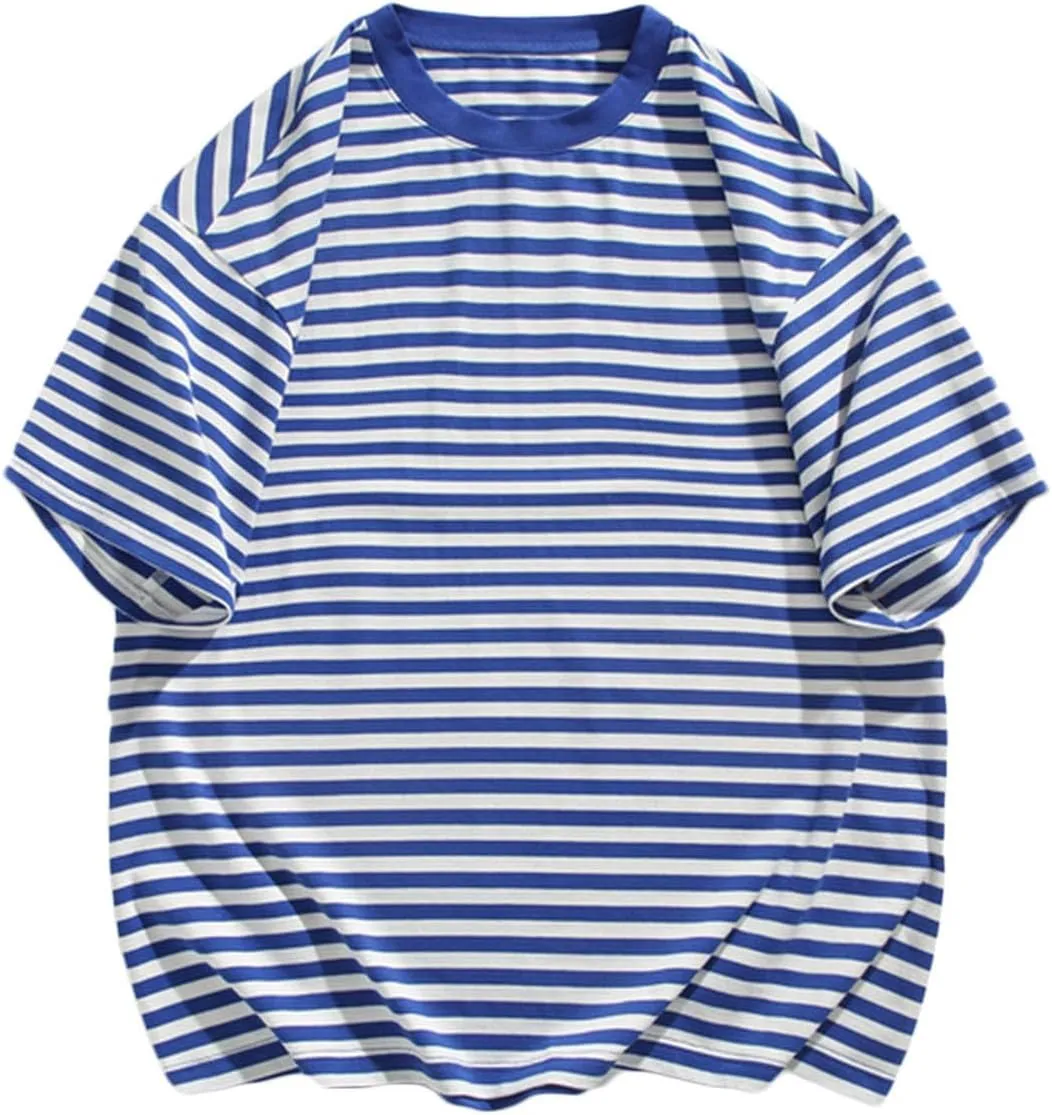 Men's Oversized Tops Classic Stripes Print Drop Shoulder Short Sleeve Tee Top Loose Casual Crewneck Pullover T Shirts