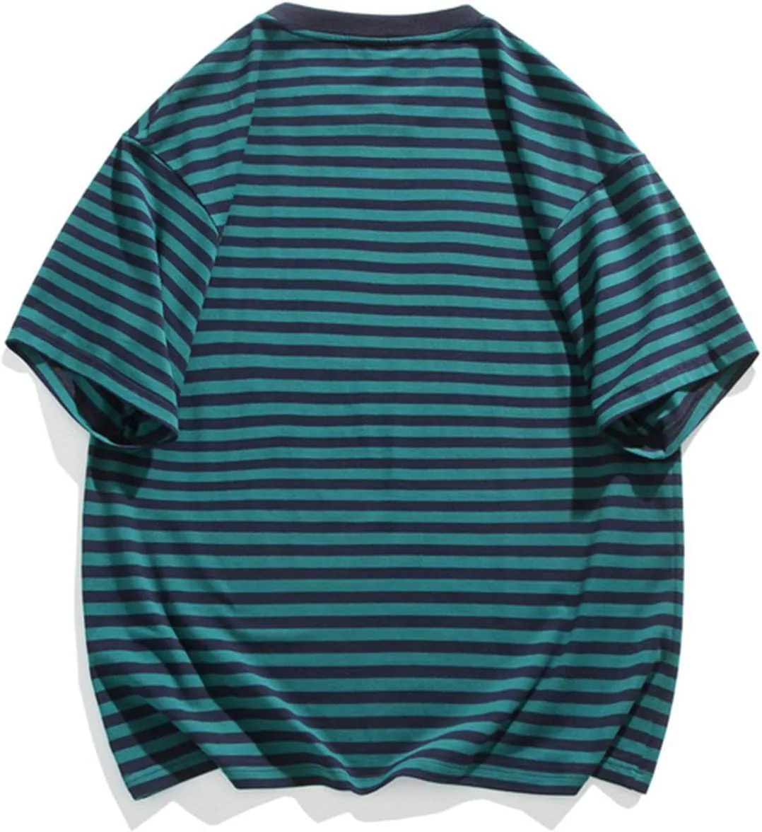 Men's Oversized Tops Classic Stripes Print Drop Shoulder Short Sleeve Tee Top Loose Casual Crewneck Pullover T Shirts