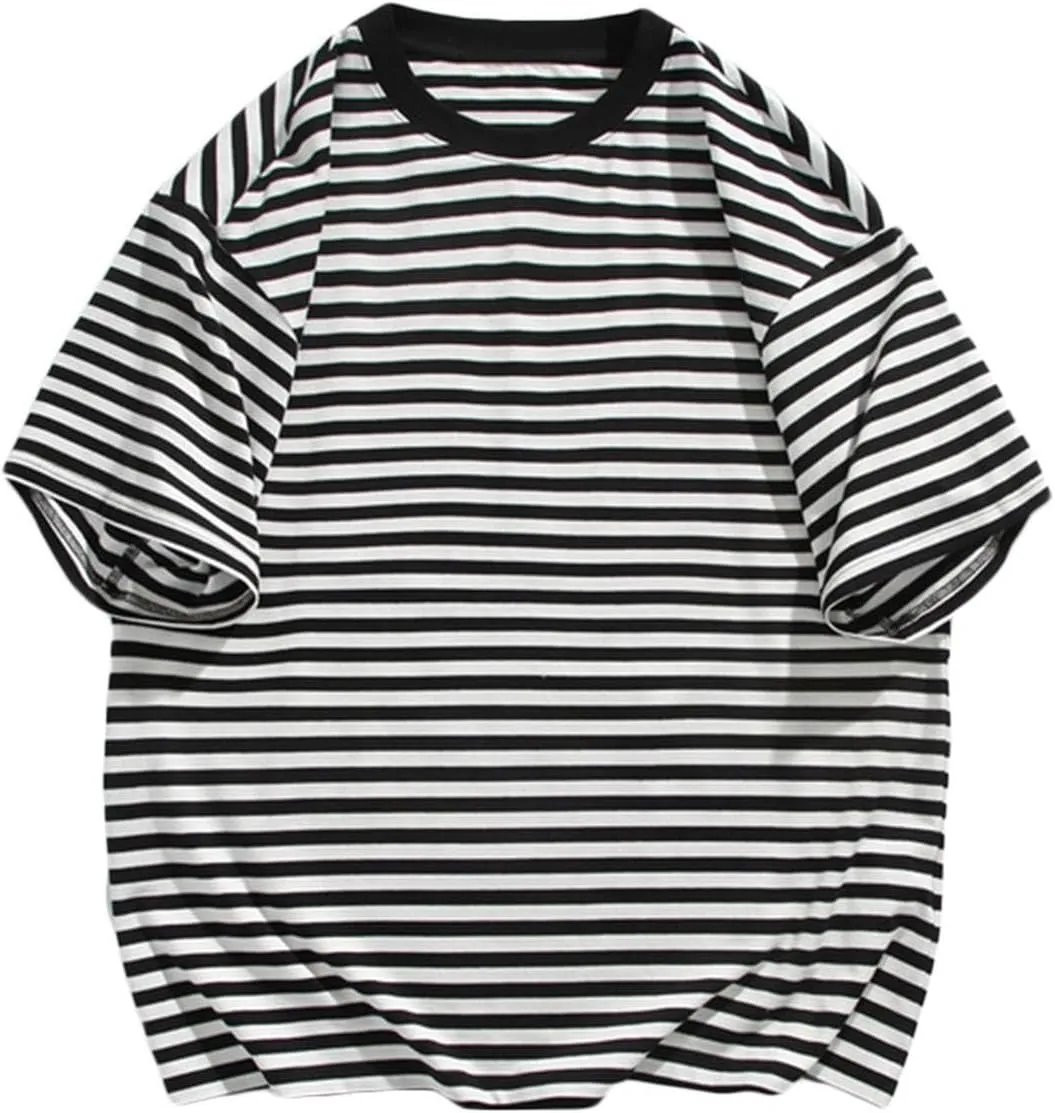 Men's Oversized Tops Classic Stripes Print Drop Shoulder Short Sleeve Tee Top Loose Casual Crewneck Pullover T Shirts
