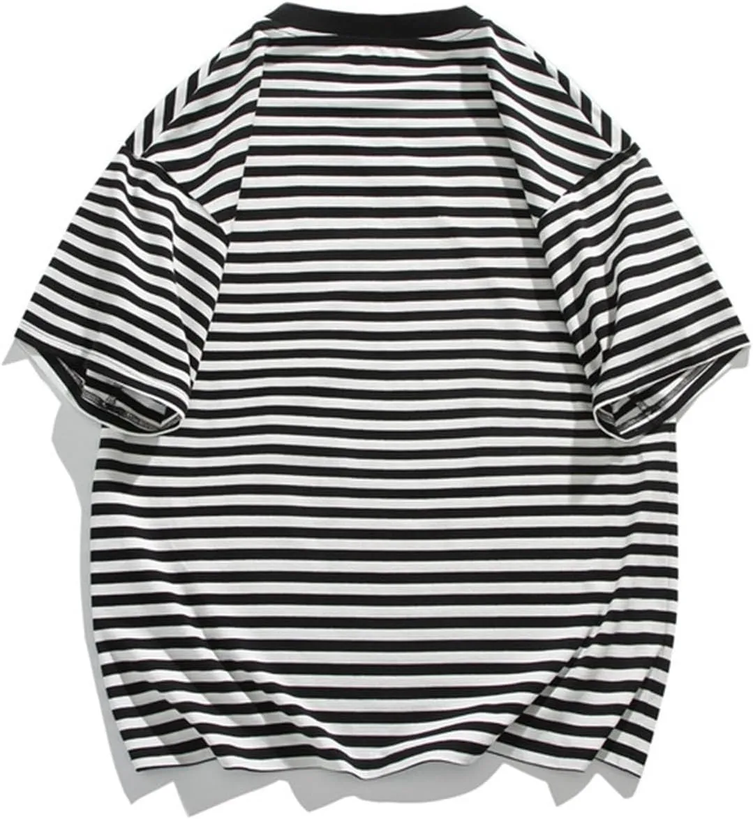 Men's Oversized Tops Classic Stripes Print Drop Shoulder Short Sleeve Tee Top Loose Casual Crewneck Pullover T Shirts