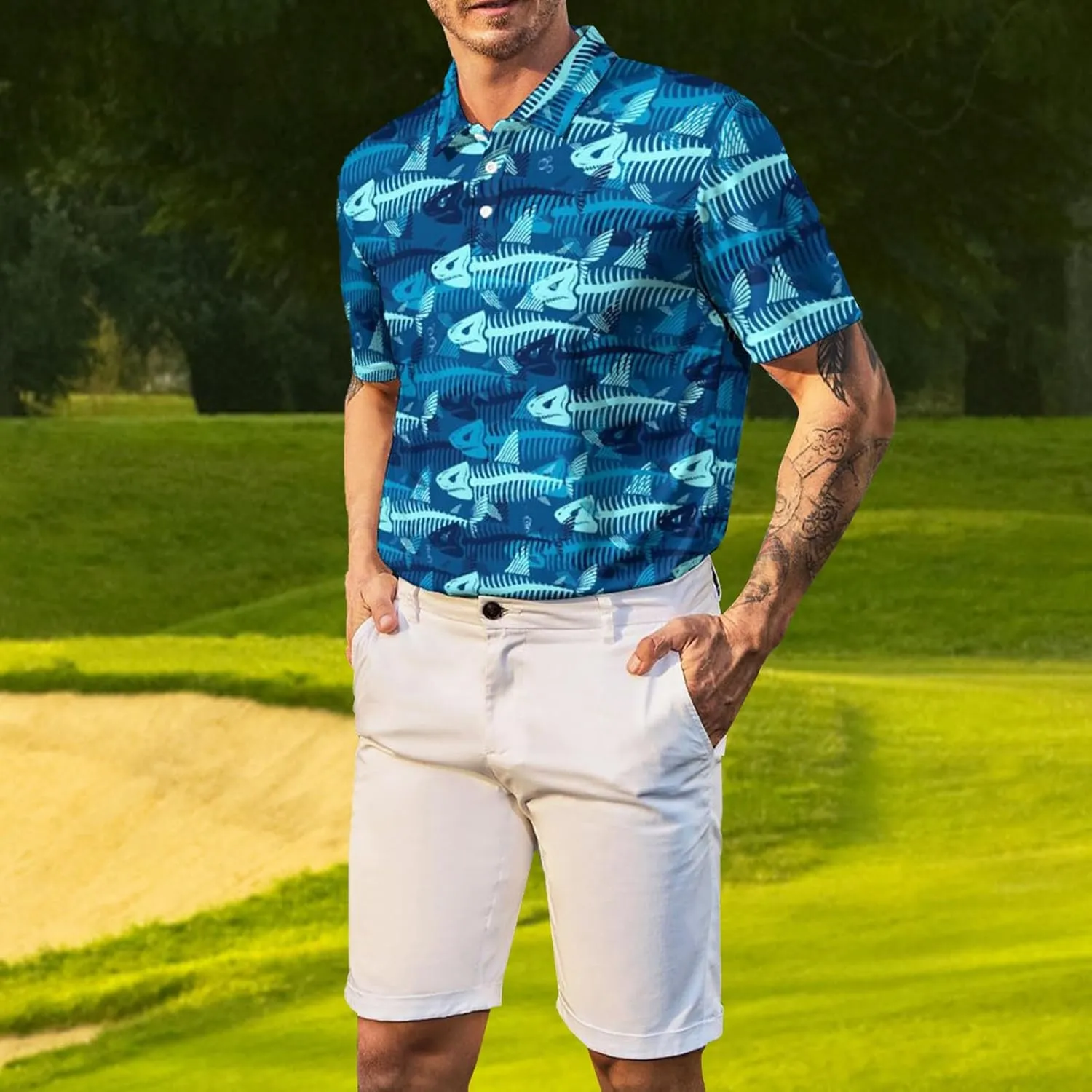 Men's Polo Shirt Short Sleeve Funny Printed Hawaiian Golf Shirts Workout Basic Fit Moisture Wicking Beach Wrok Tops