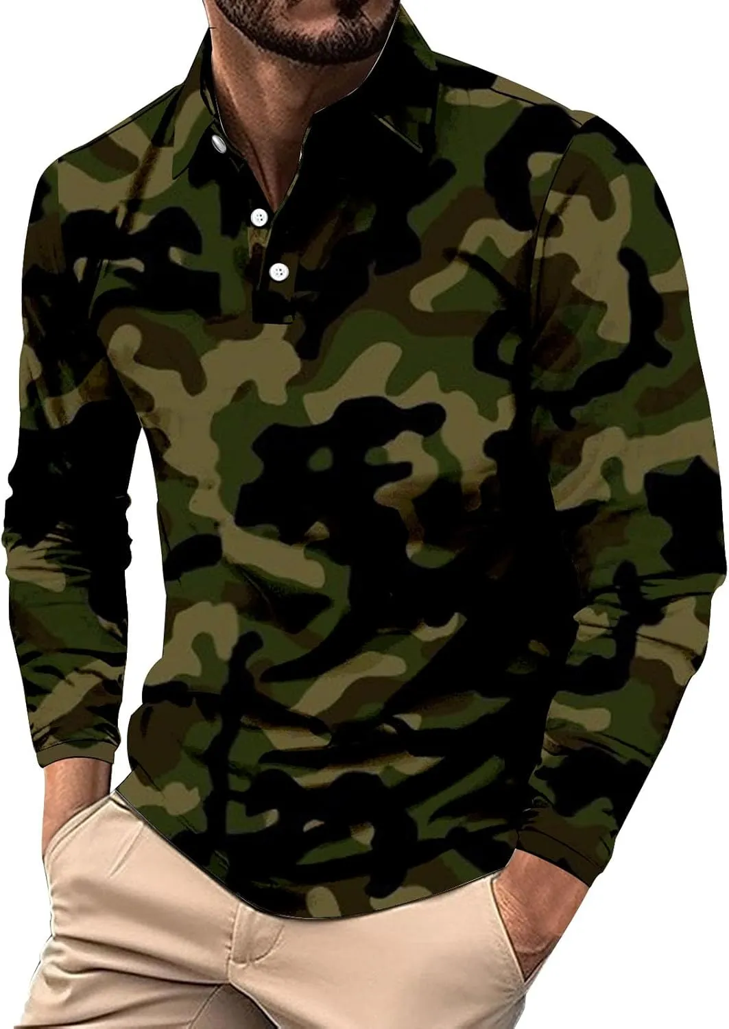 Mens Polo Shirts Camo Quarter Button Shirts Casual Classic Lightweight Long Sleeve Golf Collared Shirt Athletic Tops