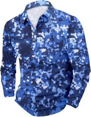 Mens Polo Shirts Camo Quarter Button Shirts Casual Classic Lightweight Long Sleeve Golf Collared Shirt Athletic Tops