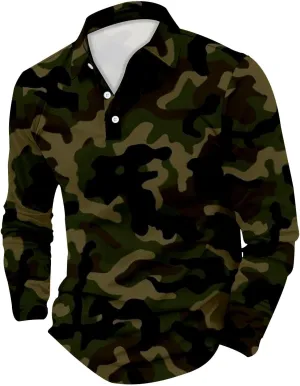 Mens Polo Shirts Camo Quarter Button Shirts Casual Classic Lightweight Long Sleeve Golf Collared Shirt Athletic Tops