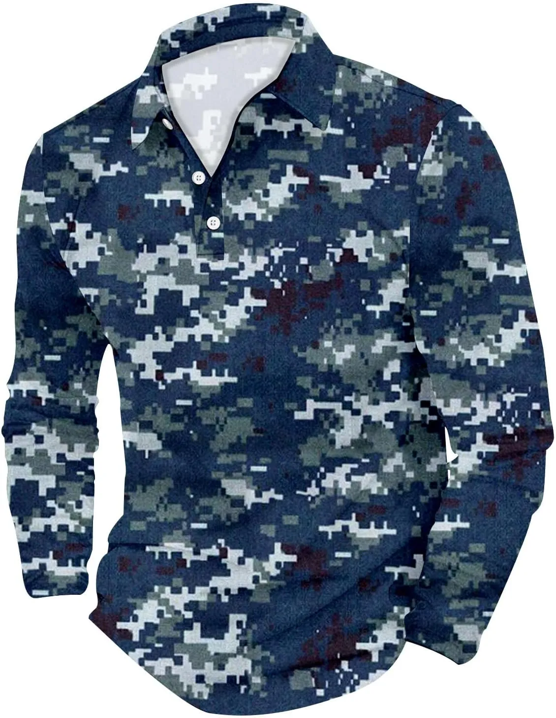 Mens Polo Shirts Camo Quarter Button Shirts Casual Classic Lightweight Long Sleeve Golf Collared Shirt Athletic Tops