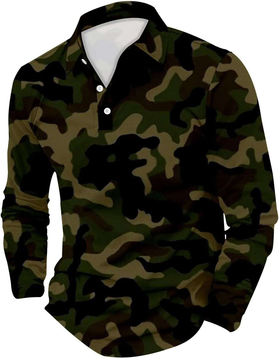 Mens Polo Shirts Camo Quarter Button Shirts Casual Classic Lightweight Long Sleeve Golf Collared Shirt Athletic Tops