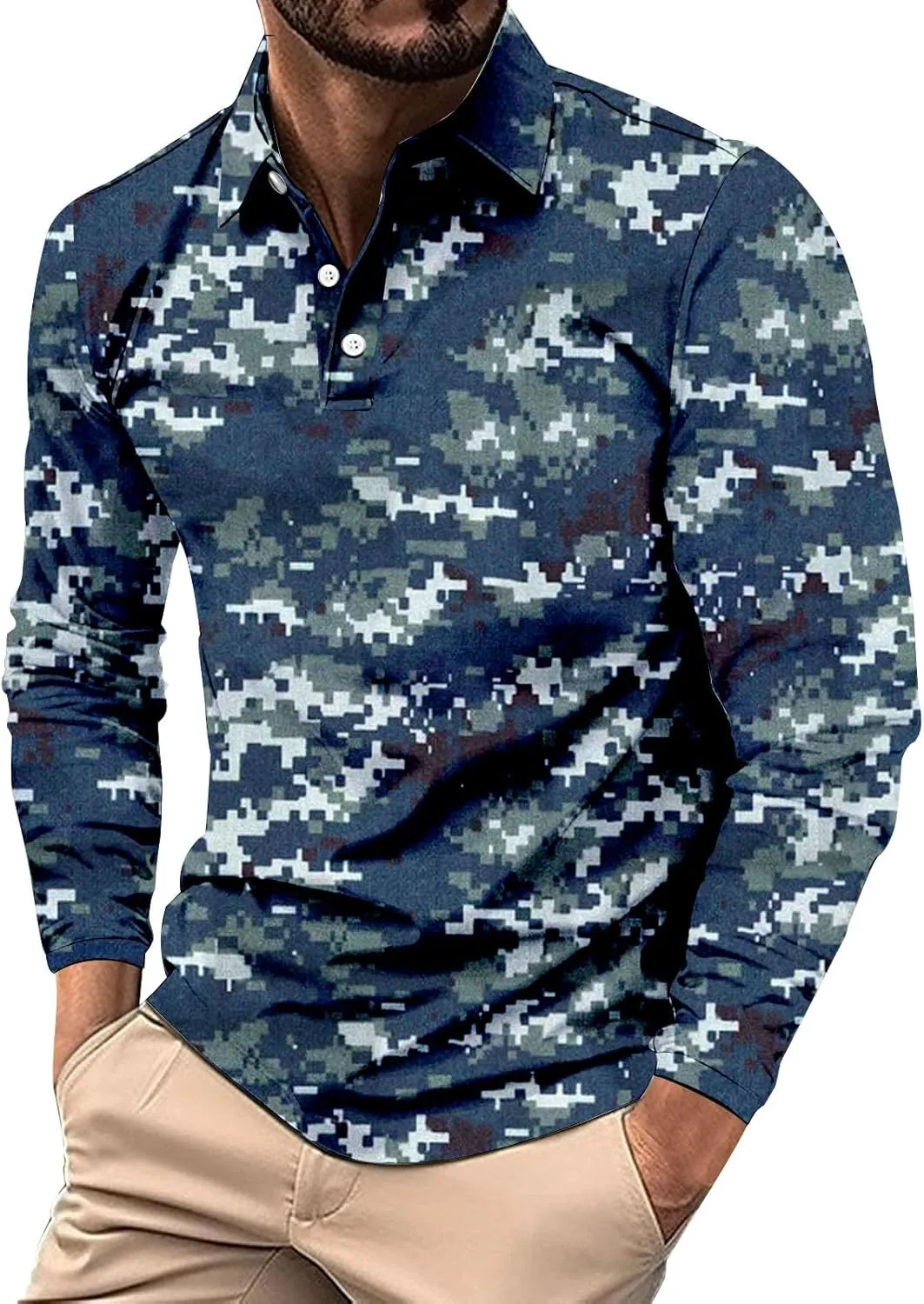 Mens Polo Shirts Camo Quarter Button Shirts Casual Classic Lightweight Long Sleeve Golf Collared Shirt Athletic Tops