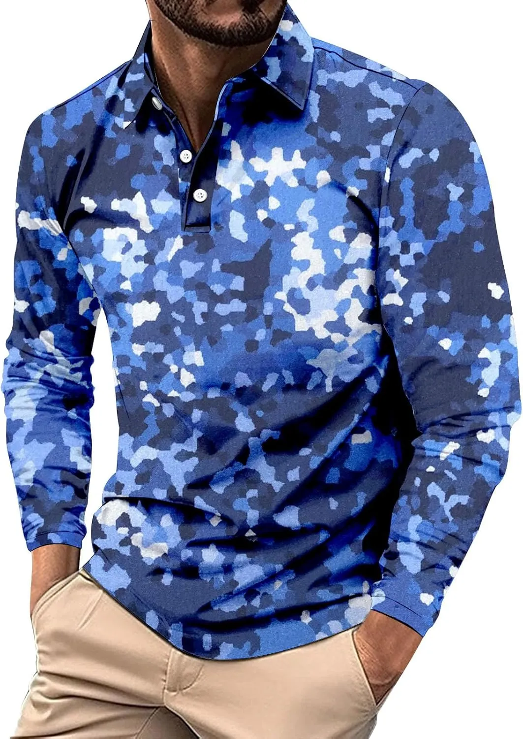 Mens Polo Shirts Camo Quarter Button Shirts Casual Classic Lightweight Long Sleeve Golf Collared Shirt Athletic Tops
