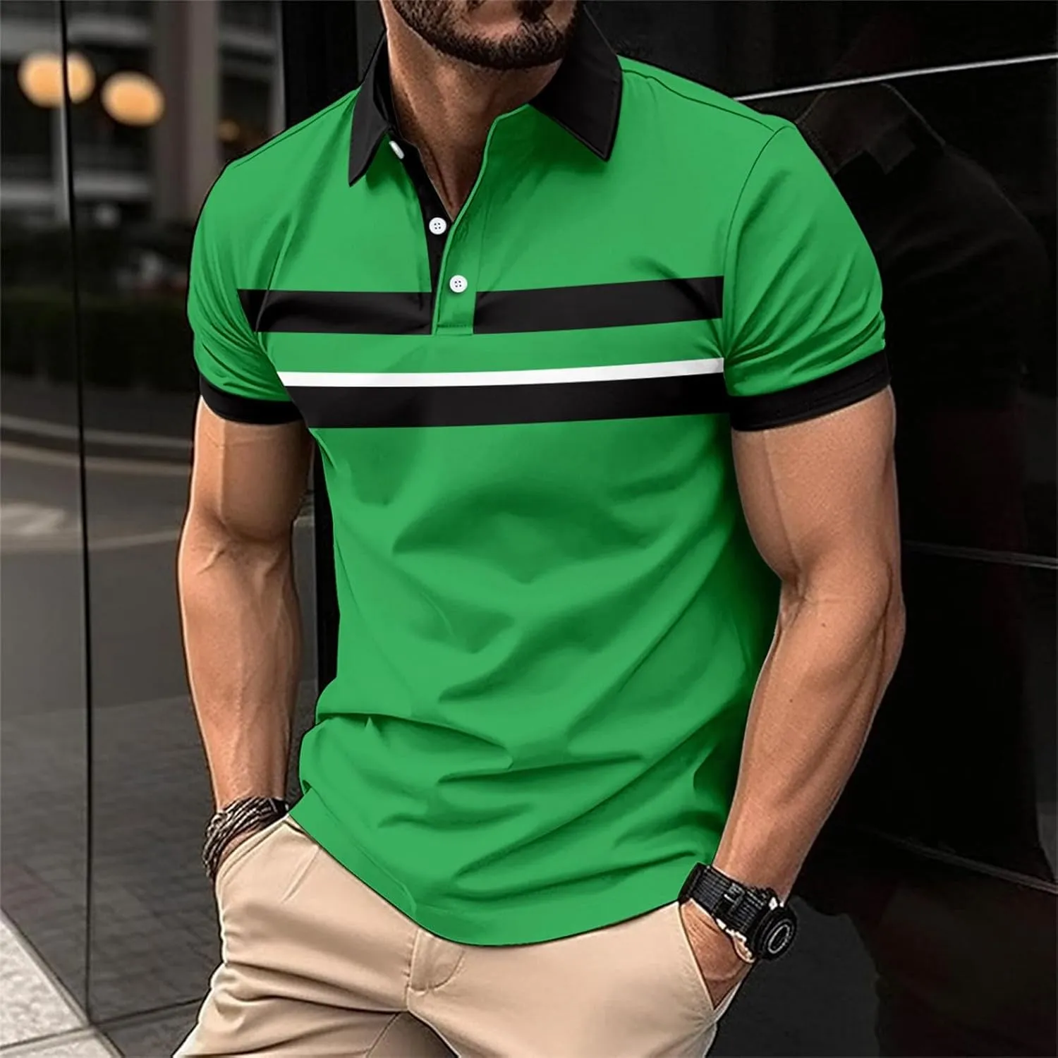 Mens Resort Wear 2025 Polyester Polo Shirts Short Sleeve Casual Summer Shirts Classic Collared Golf Shirt with Pocket