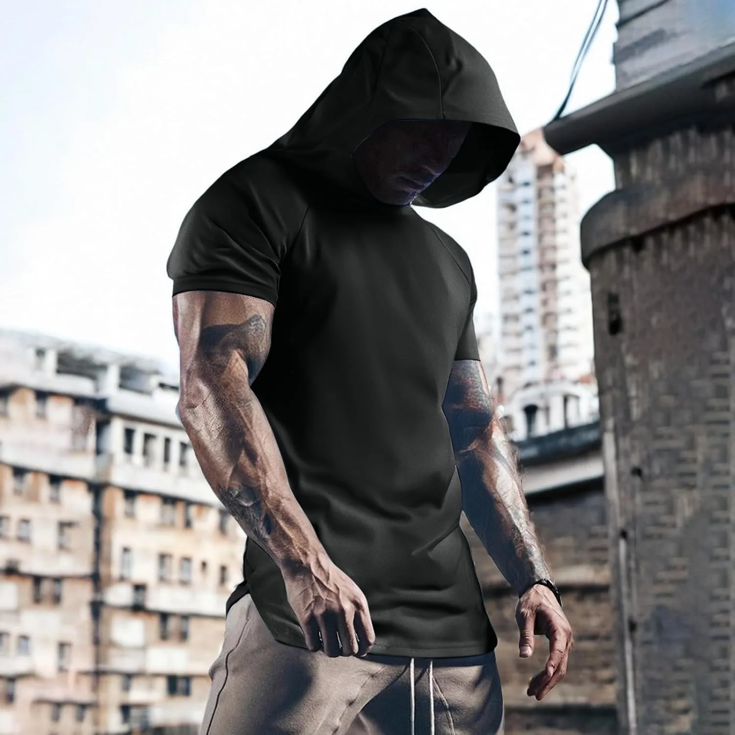 Men's Short Sleeve Hoodie Workout Gym Sweatshirts Athletic Training Sweat Shirts Dry Fit Solid Color Hooded T-Shirt
