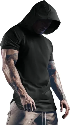 Men's Short Sleeve Hoodie Workout Gym Sweatshirts Athletic Training Sweat Shirts Dry Fit Solid Color Hooded T-Shirt