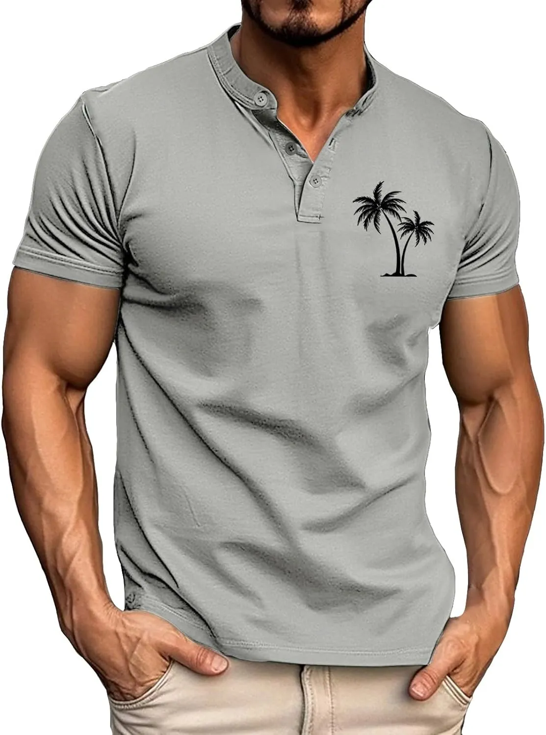 Men's Short Sleeve T-Shirts Performance Moisture Wicking Casual Short Sleeve Henley Shirts Palm Beach Vacation Tops