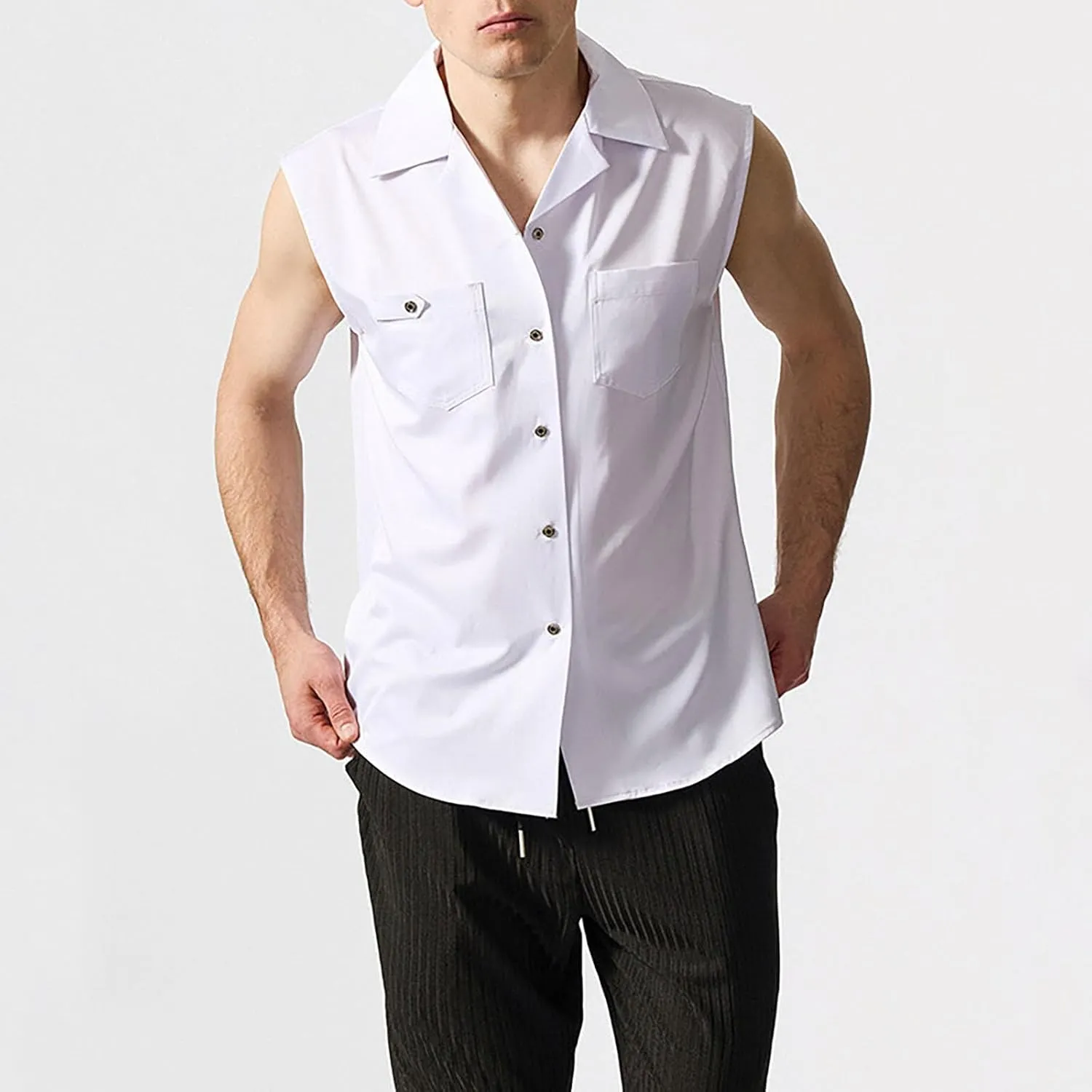 Mens Sleeveless Button Down Shirts Summer Cotton Linen Beach Tank Top Trendy Loose Camp Collared Leisure Waistcoats