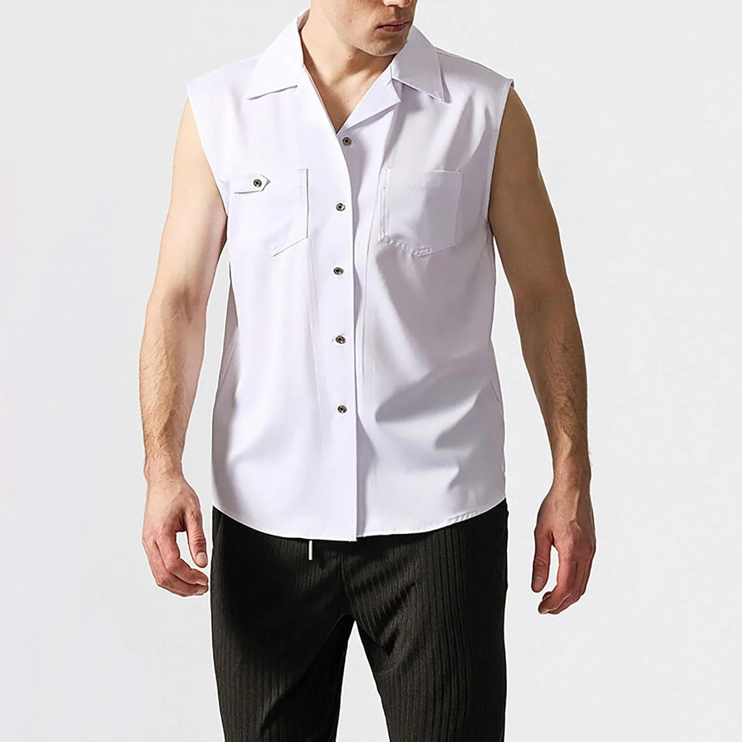 Mens Sleeveless Button Down Shirts Summer Cotton Linen Beach Tank Top Trendy Loose Camp Collared Leisure Waistcoats