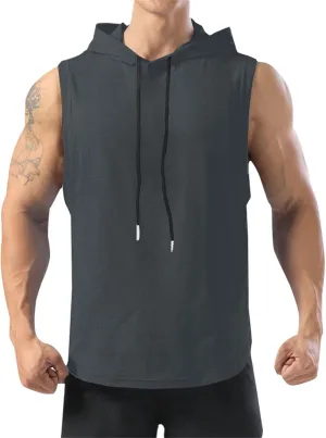 Men's Sleeveless Tank Tops with Hood Athletic Workout Gym Bodybuilding Pullover Summer Sport Basketball Vest Tops