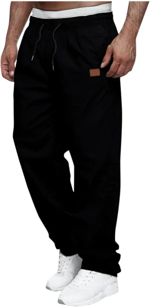 Mens Straight Leg Pants Casual Elastic Waist Drawstring Daily Casual Hiking Chino Cargo Trousers with Pockets
