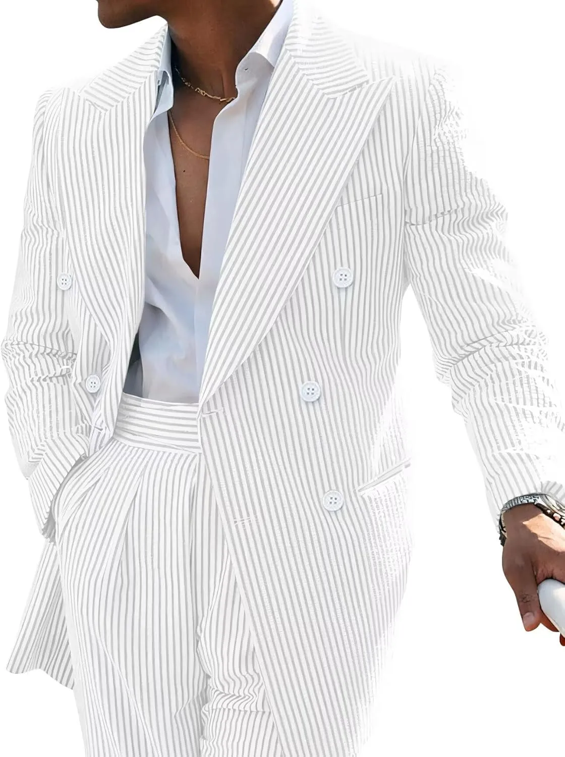 Men's Striped Seersucker Suits 2 Piece Slim Fit Wedding Tuxedo Summer Beach Leisure Suits Sets