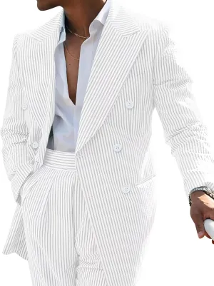 Men's Striped Seersucker Suits 2 Piece Slim Fit Wedding Tuxedo Summer Beach Leisure Suits Sets
