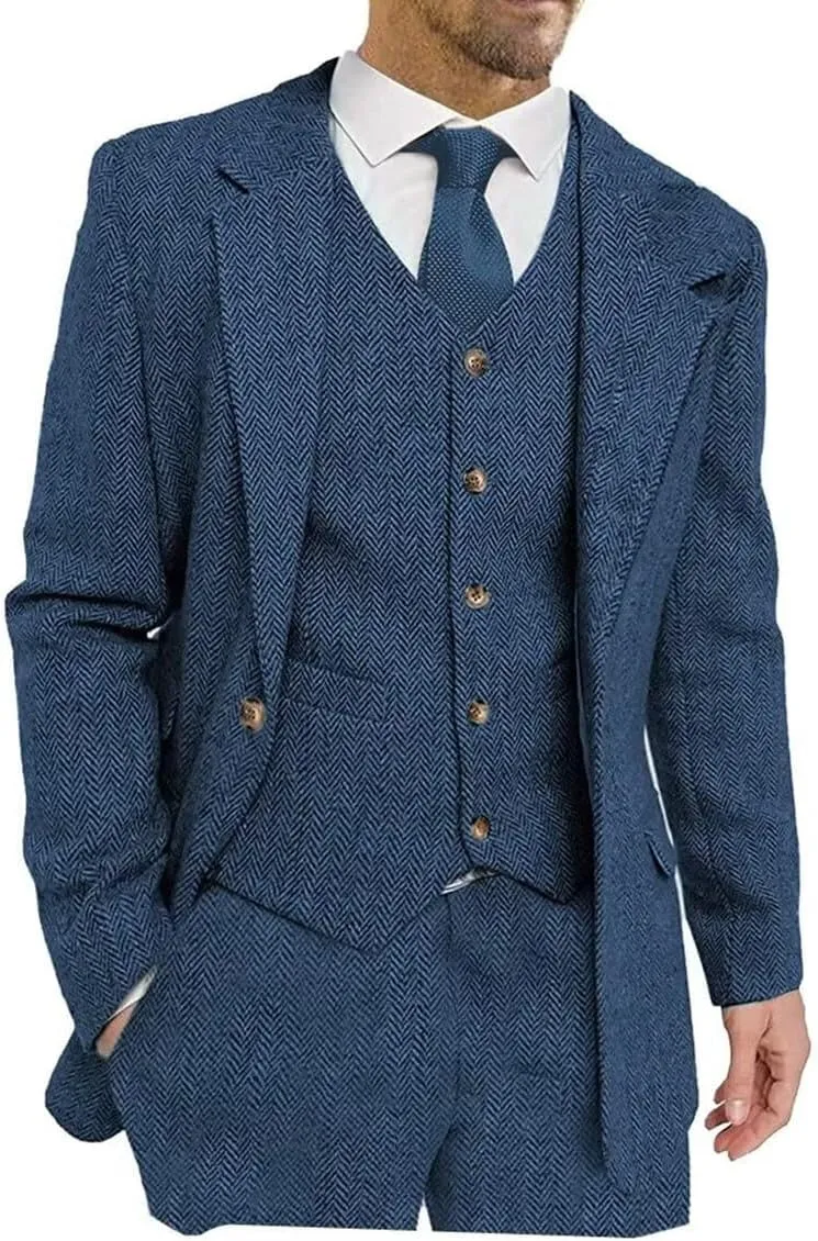 Men's Suits Slim Fit 3 Piece Suits for Men Tweed Herringbone Suits Retro Vintage Blazer Wedding Suits Jacket Vest Pants Set