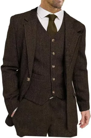 Men's Suits Slim Fit 3 Piece Suits for Men Tweed Herringbone Suits Retro Vintage Blazer Wedding Suits Jacket Vest Pants Set