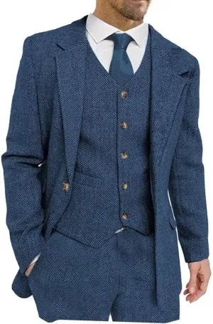 Men's Suits Slim Fit 3 Piece Suits for Men Tweed Herringbone Suits Retro Vintage Blazer Wedding Suits Jacket Vest Pants Set