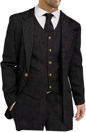 Men's Suits Slim Fit 3 Piece Suits for Men Tweed Herringbone Suits Retro Vintage Blazer Wedding Suits Jacket Vest Pants Set