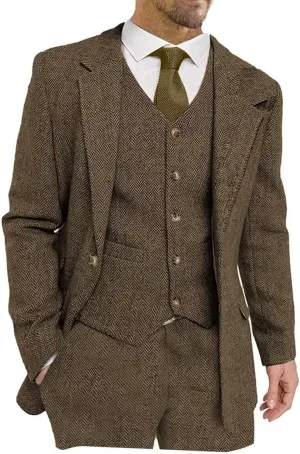 Men's Suits Slim Fit 3 Piece Suits for Men Tweed Herringbone Suits Retro Vintage Blazer Wedding Suits Jacket Vest Pants Set