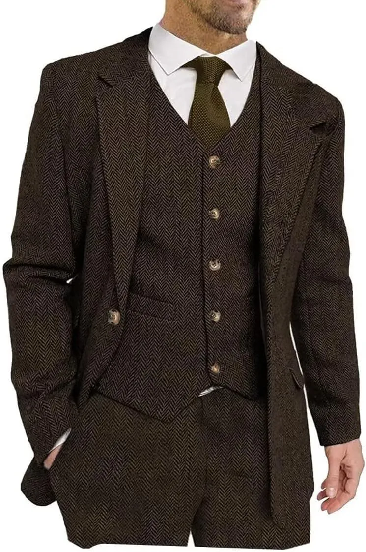 Men's Suits Slim Fit 3 Piece Suits for Men Tweed Herringbone Suits Retro Vintage Blazer Wedding Suits Jacket Vest Pants Set