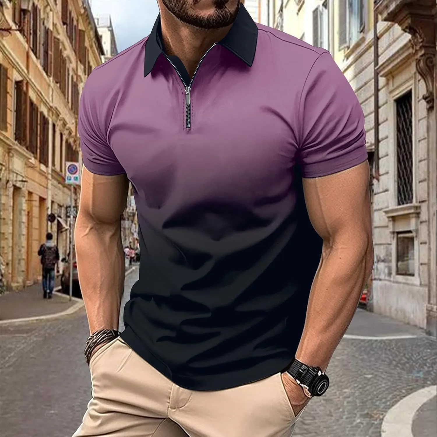 Men's Summer Casual Stylish Polo Shirts Zip-Up Lapel Short-Sleeved Tops Workout Sports Tops Classic Golf Shirts