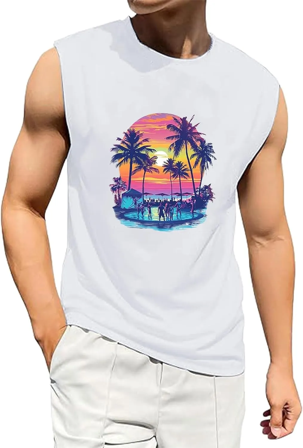 Men's Summer Tank Tops Trendy Gulf of Mexico Print Graphic Tees Tropical Coconut Print Sleeveless Beach Shirt Vests
