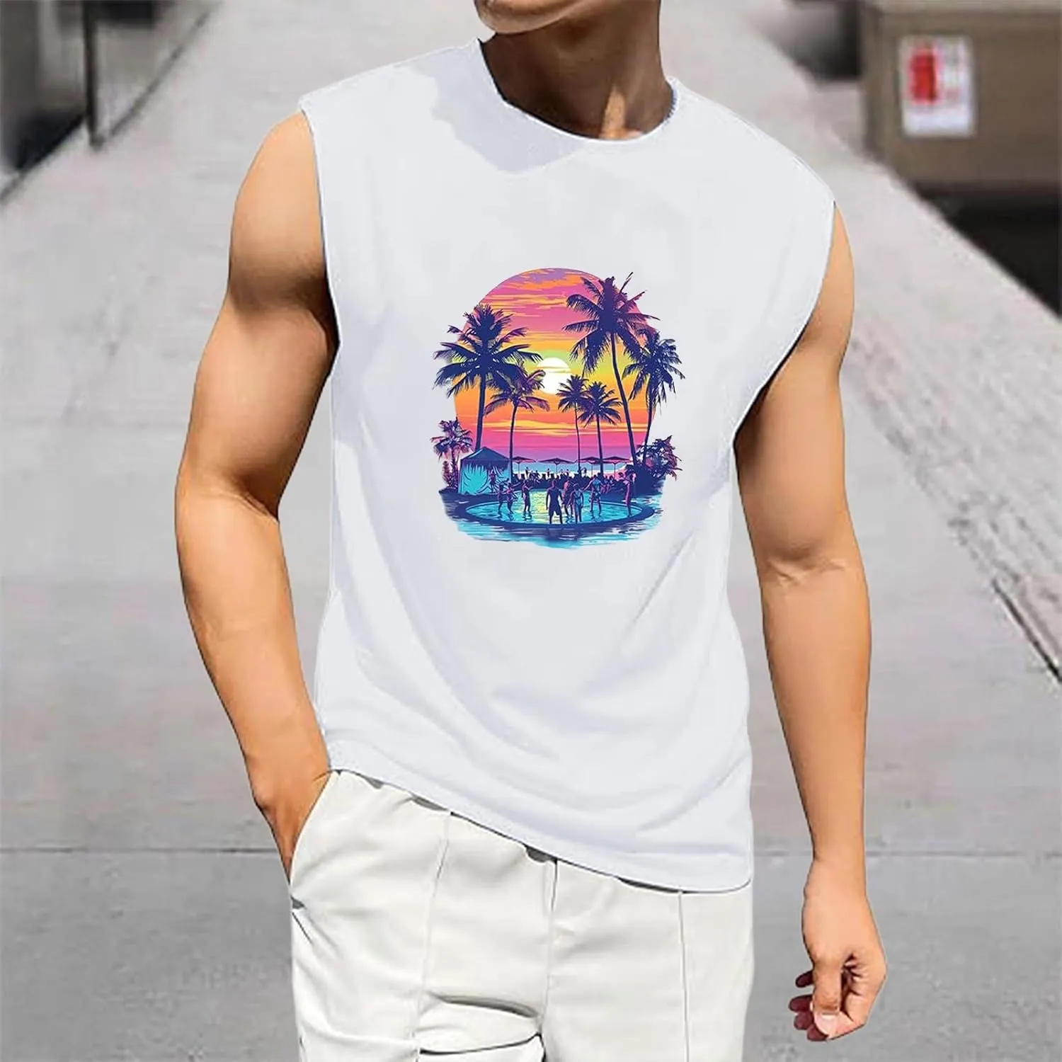 Men's Summer Tank Tops Trendy Gulf of Mexico Print Graphic Tees Tropical Coconut Print Sleeveless Beach Shirt Vests