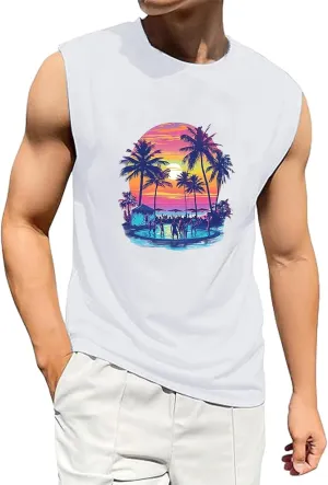 Men's Summer Tank Tops Trendy Gulf of Mexico Print Graphic Tees Tropical Coconut Print Sleeveless Beach Shirt Vests