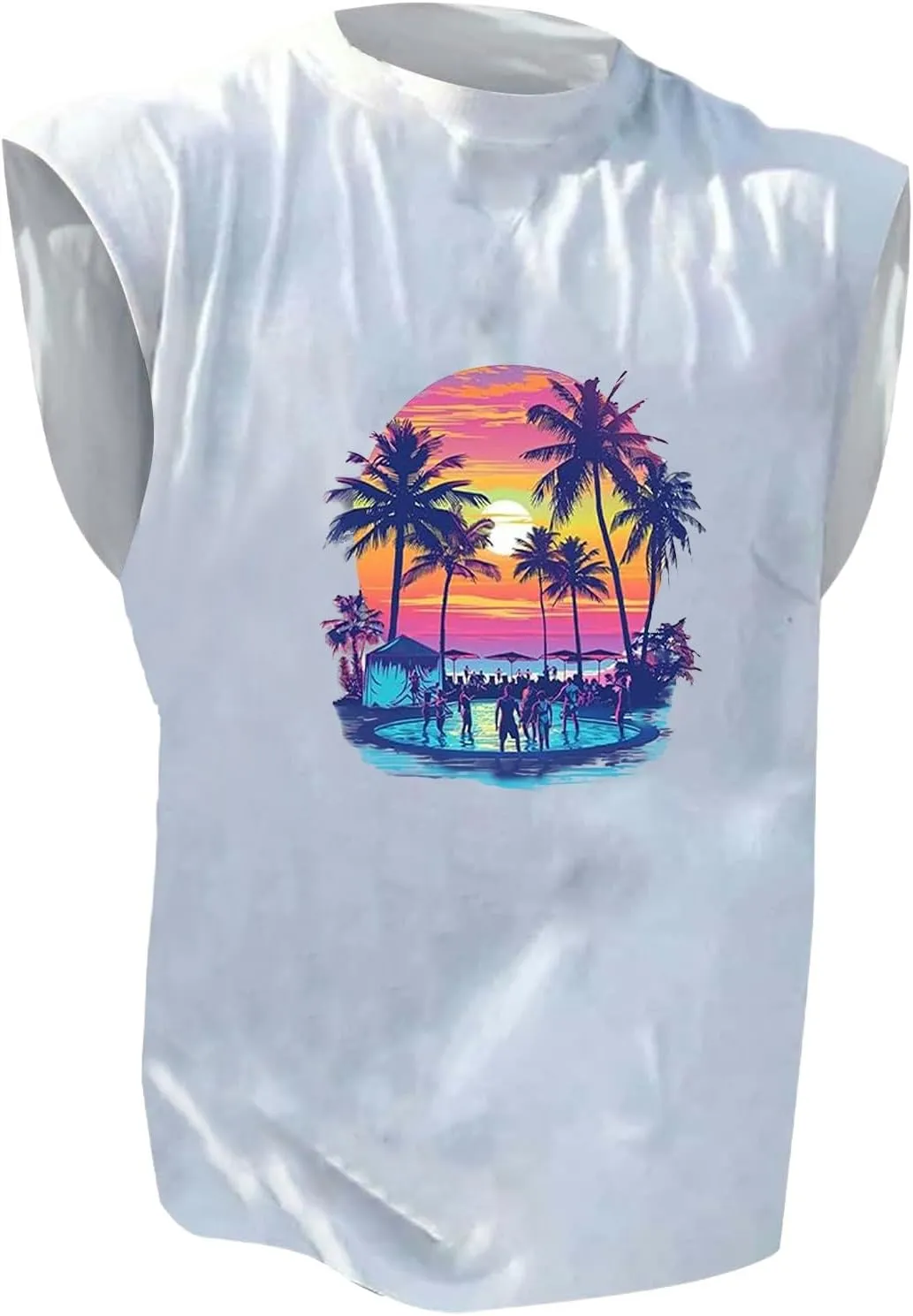Men's Summer Tank Tops Trendy Gulf of Mexico Print Graphic Tees Tropical Coconut Print Sleeveless Beach Shirt Vests