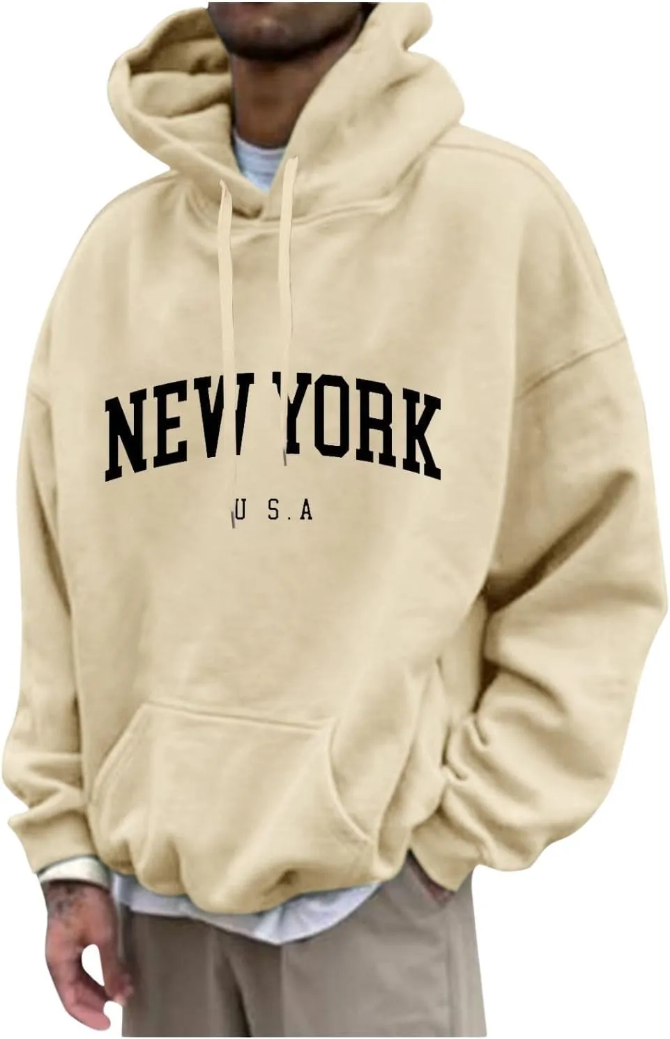 Mens Sweatshirt 2024 Casual Cotton Hooded Collar Drawstring Hoodie Letter Print Long Sleeve Warm Pullover with Pocket