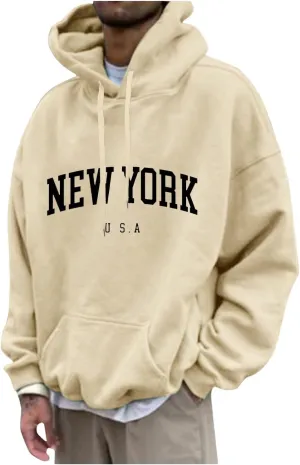Mens Sweatshirt 2024 Casual Cotton Hooded Collar Drawstring Hoodie Letter Print Long Sleeve Warm Pullover with Pocket