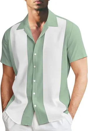 Men's Vintage Bowling Shirts 1950s Casual Short Sleeve Cuba Guayabera Shirt Lightweight Quick Dry Summer Beach Tops