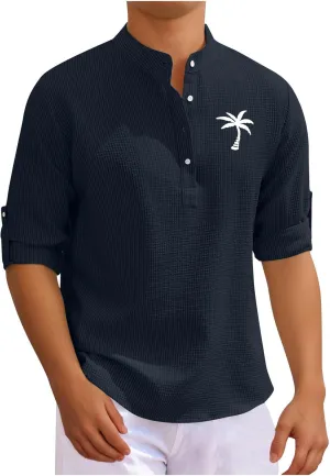 Men's Waffle Henley Shirt Trendy 3/4 Sleeve Camp Collar Dress Formal T-Shirts Hipster Summer Palm Beach Hippie Shirts