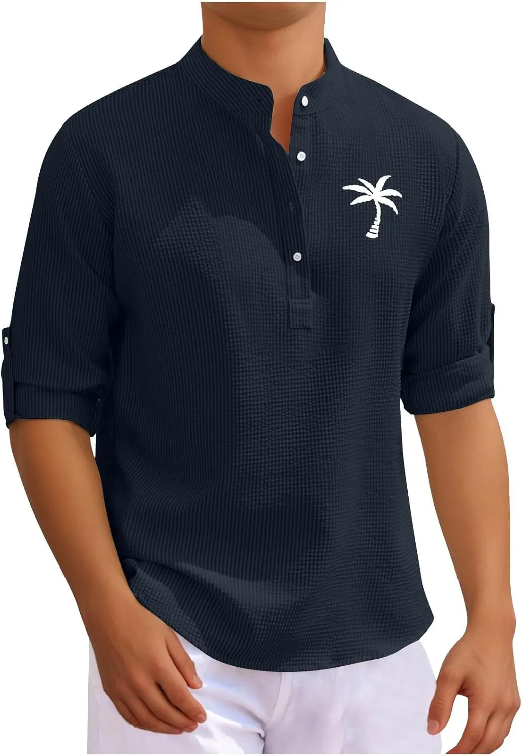Men's Waffle Henley Shirt Trendy 3/4 Sleeve Camp Collar Dress Formal T-Shirts Hipster Summer Palm Beach Hippie Shirts